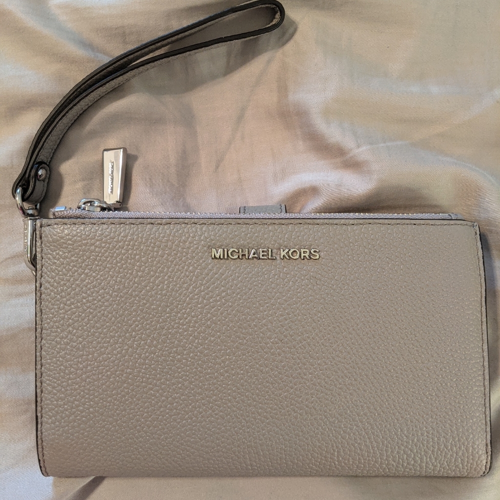 Michael Kors Taupe Leather Wristlet Wallet with Gold Logo